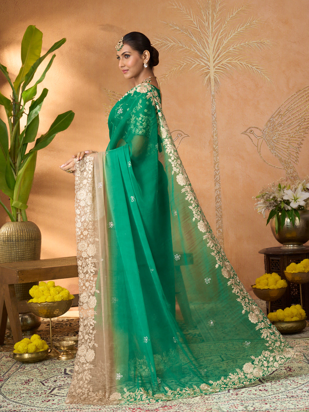 Green floral embroidered tissue organza saree daily wear