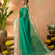 Green floral embroidered tissue organza saree daily wear