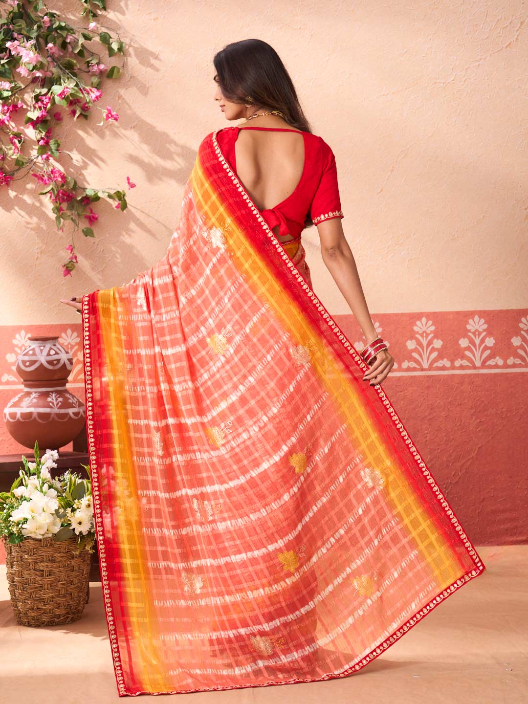 Pink floral printed chiffon saree party wear