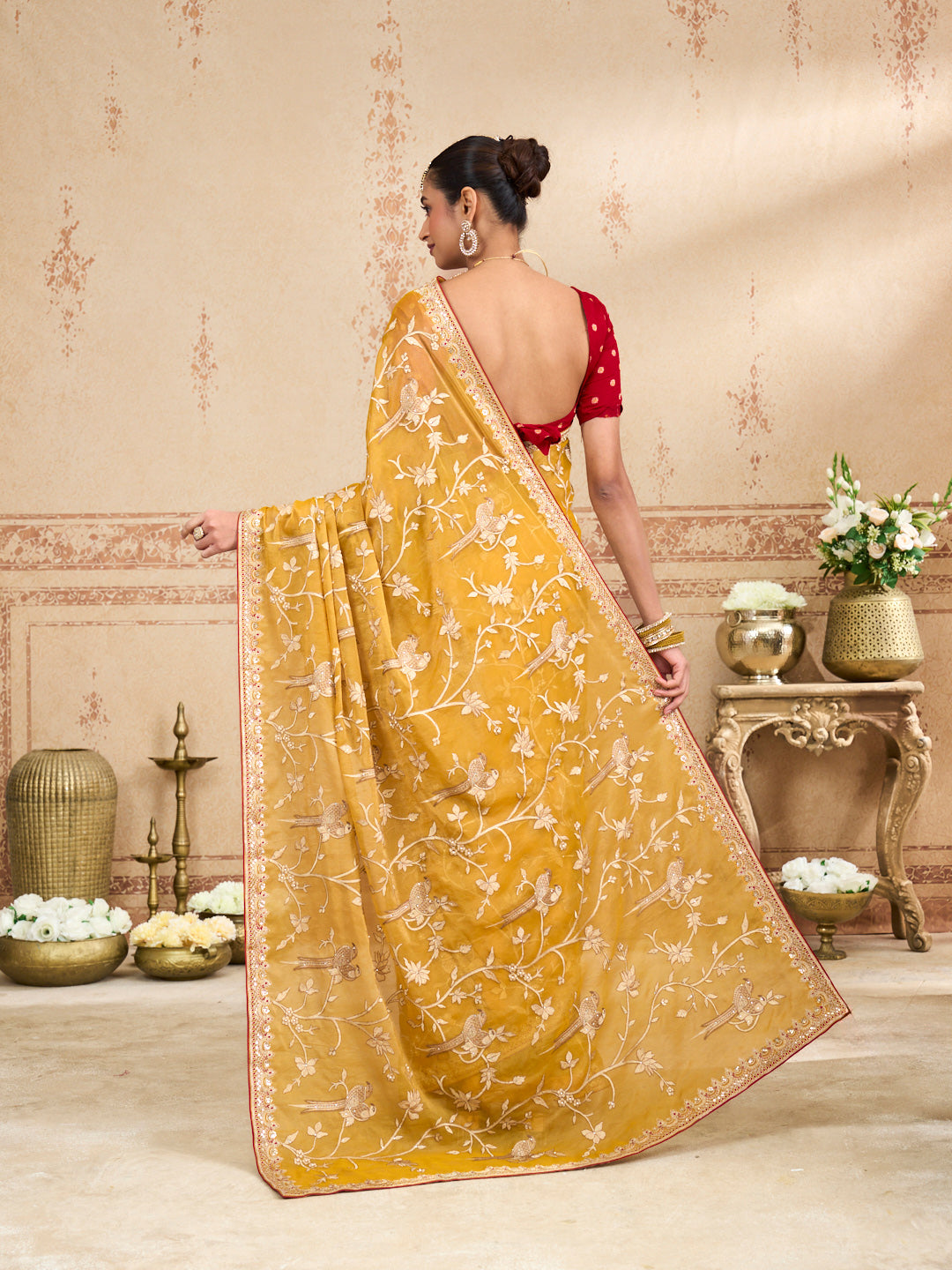 Mustard embroidered tissue organza saree party wear