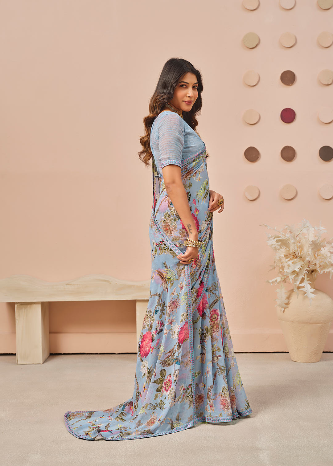 Blue floral printed georgette saree festive wear