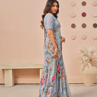 Blue floral printed georgette saree festive wear