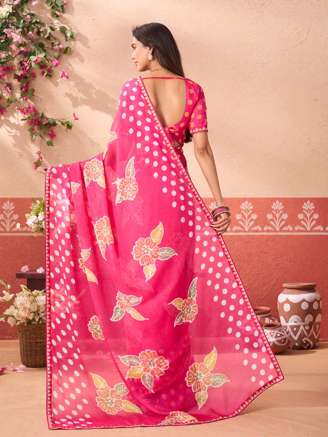Pink floral printed chiffon saree party wear