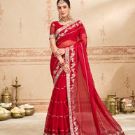 red embroidered tissue organza saree festive wear