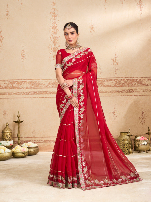 red embroidered tissue organza saree festive wear