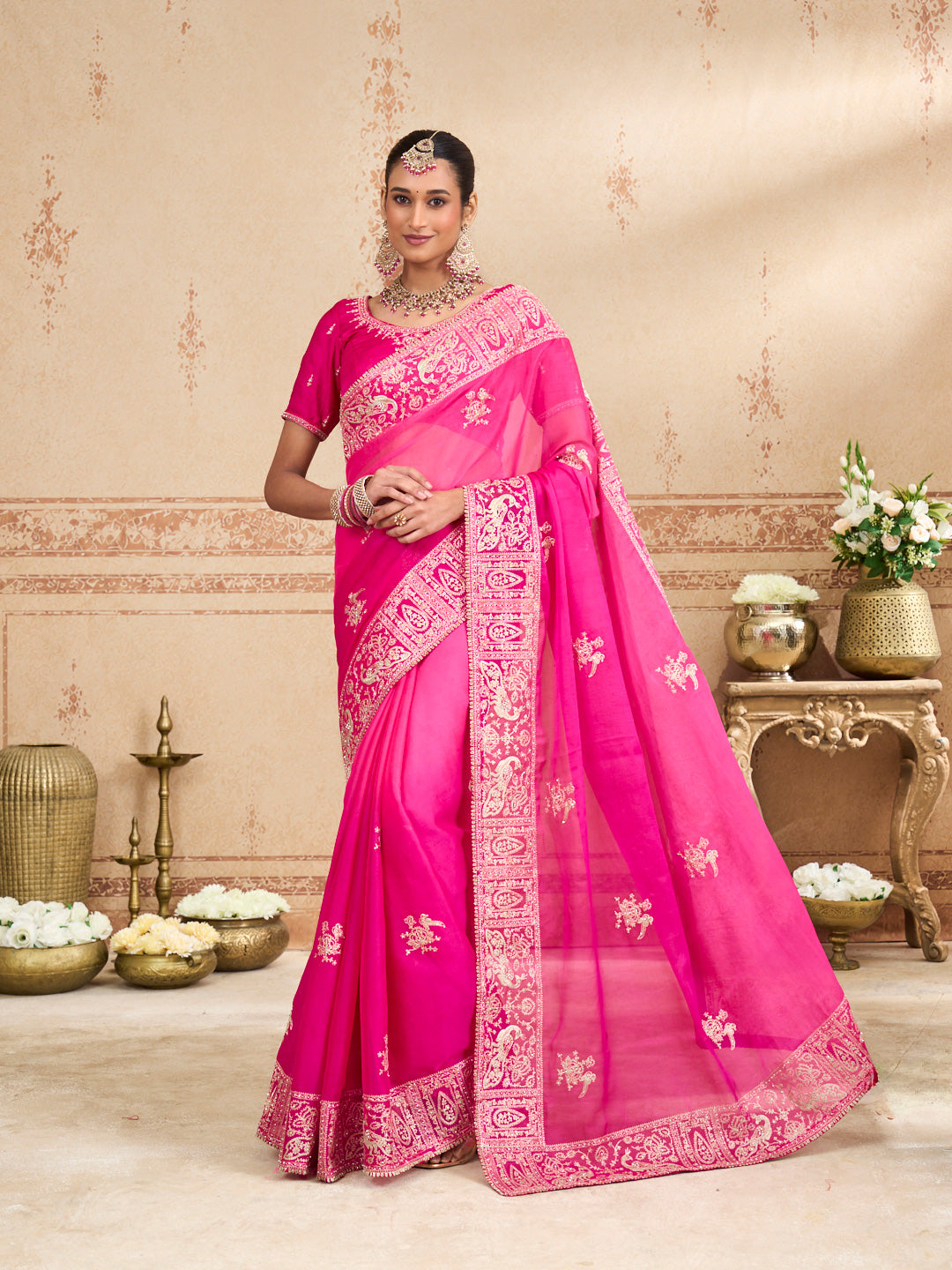 Pink embroidered tissue organza saree festive wear