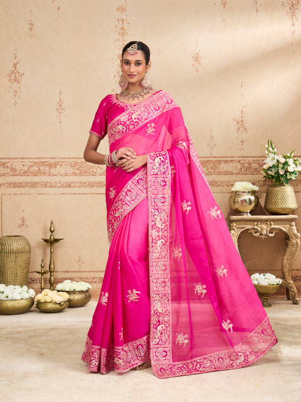 Pink embroidered tissue organza saree festive wear