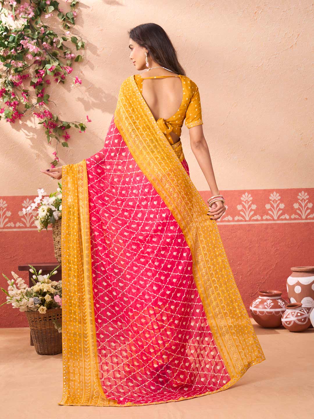 Pink geometric printed chiffon saree casual wear