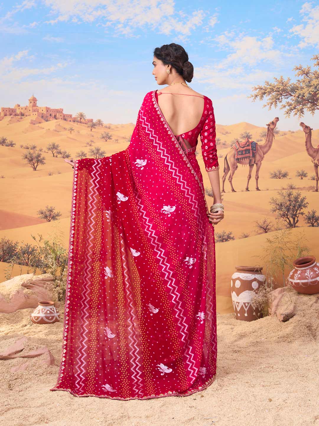 Pink bandhani printed georgette saree party wear