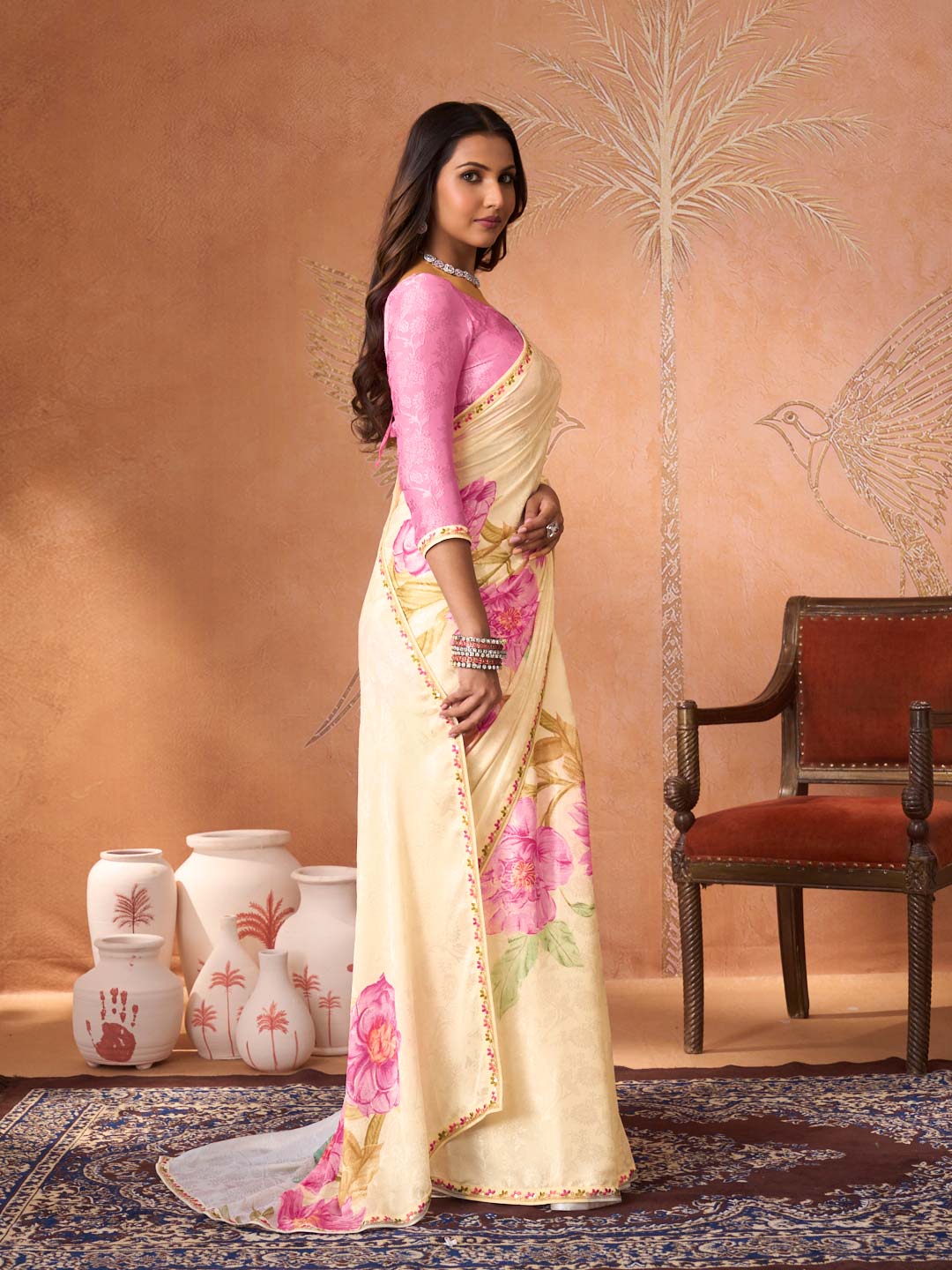 Cream embroidered silk blend saree casual wear