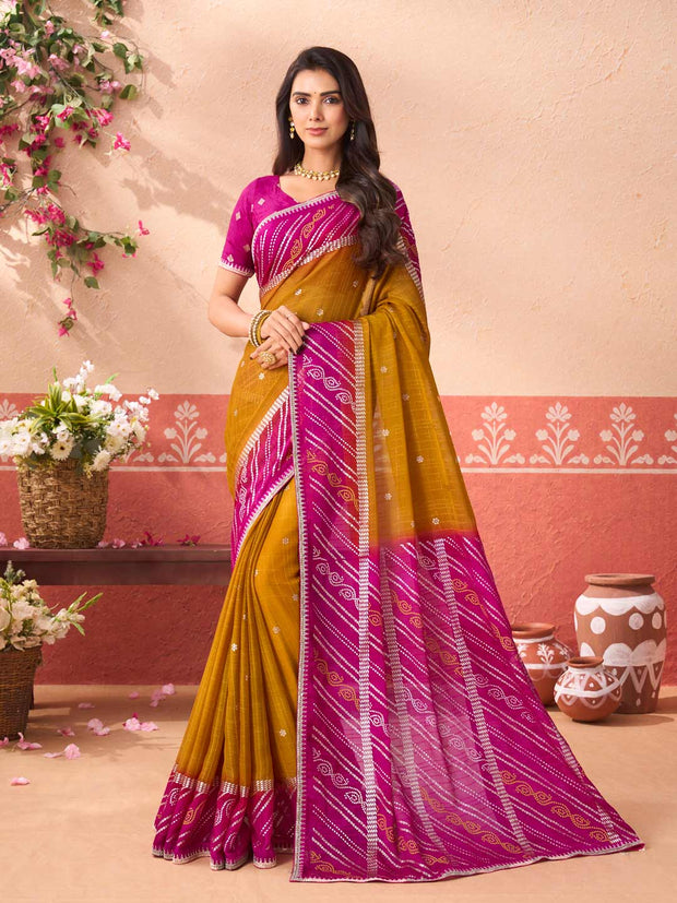 Mustard printed silk blend saree daily wear
