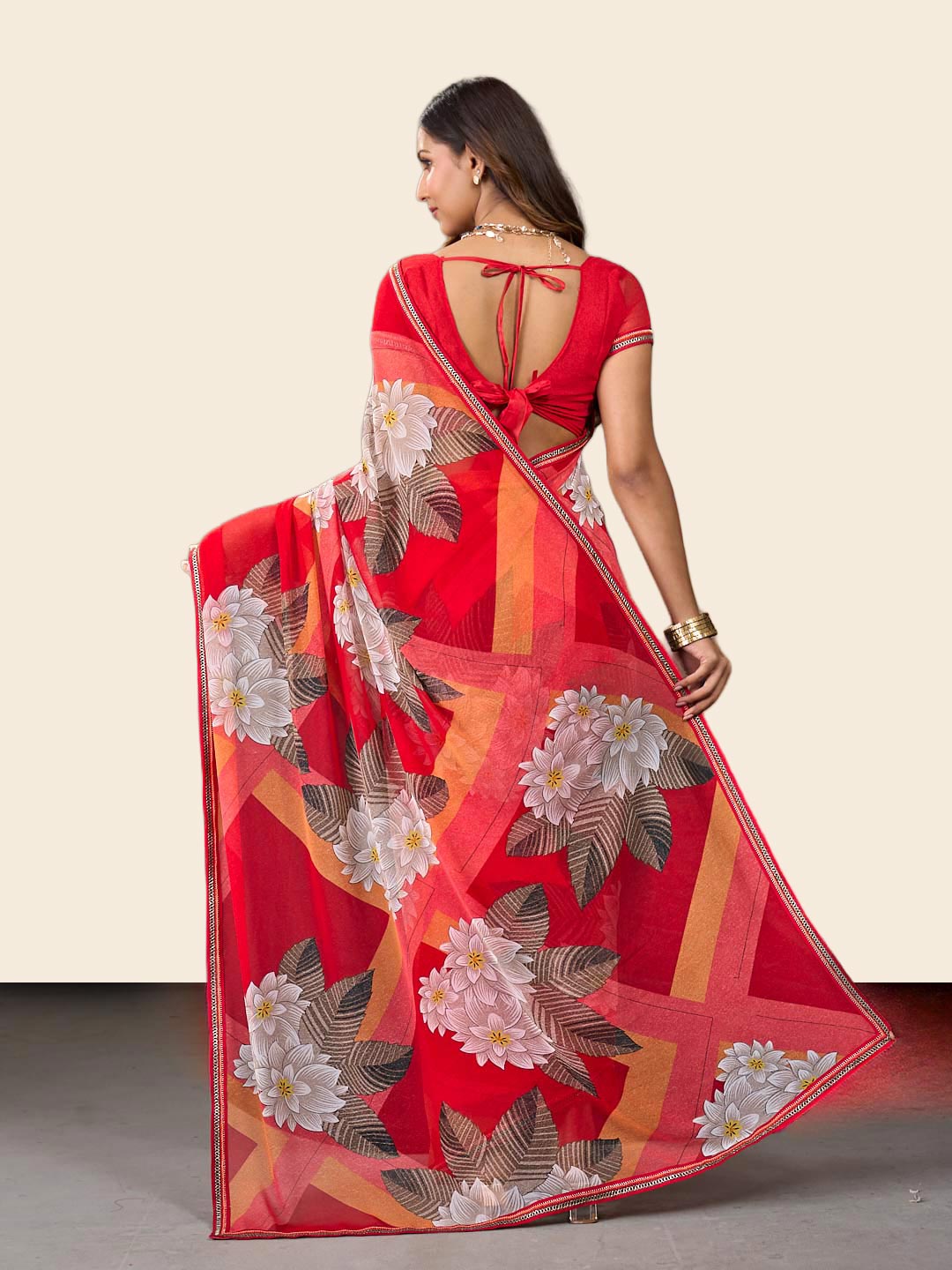 Laxmipati Rudramala Orange Georgette Floral Printed Saree