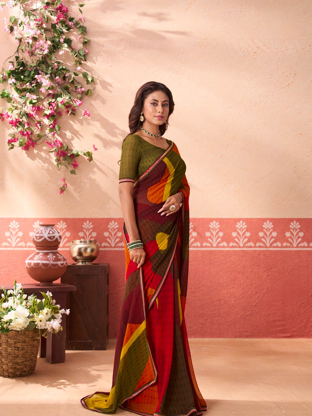 Multicolor abstract printed georgette saree wedding wear