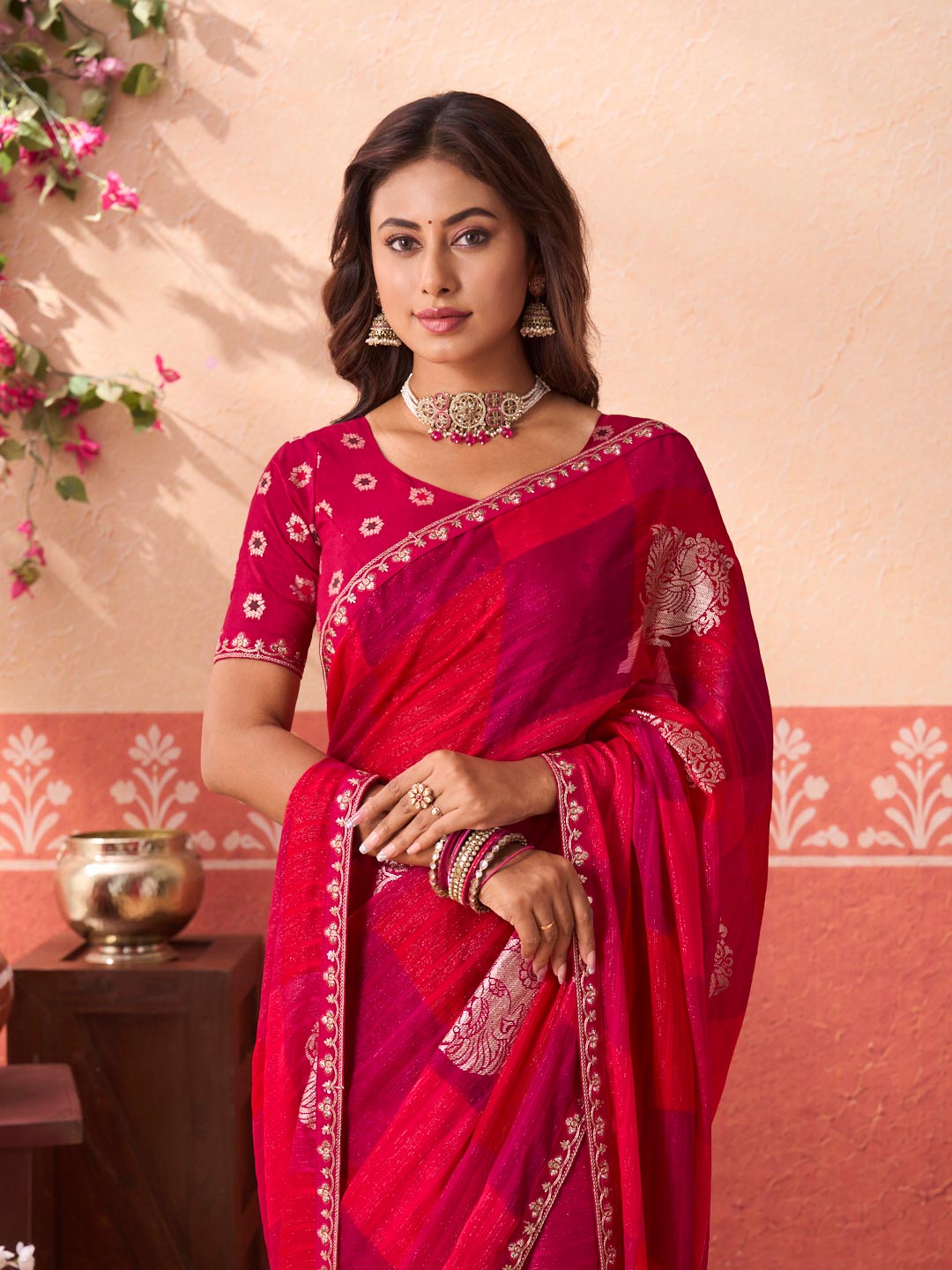 Pink geometric printed silk blend saree wedding wear