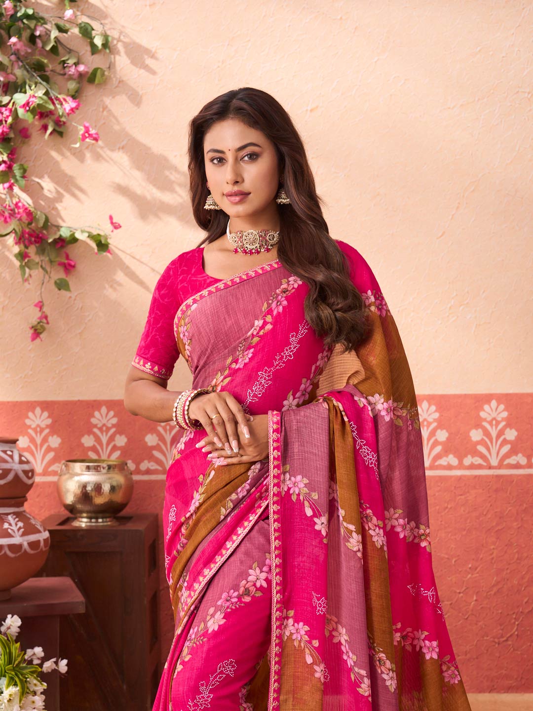 Pink floral printed chiffon saree wedding wear