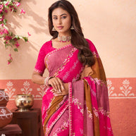 Pink floral printed chiffon saree wedding wear