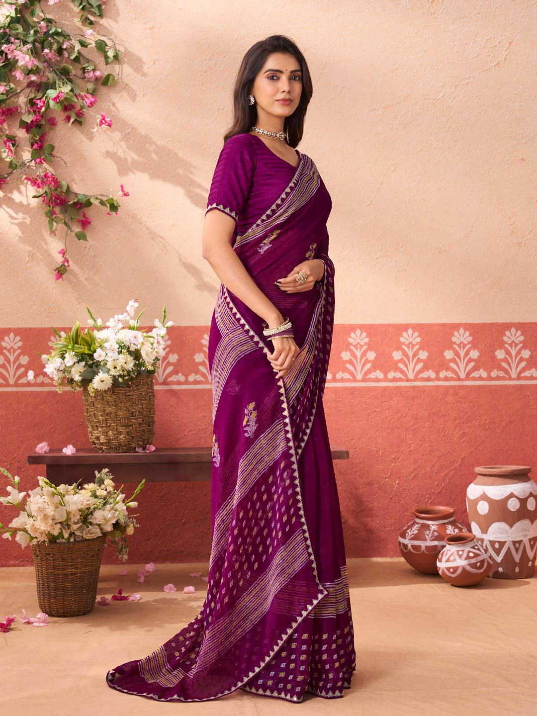 Purple geometric printed chiffon saree casual wear