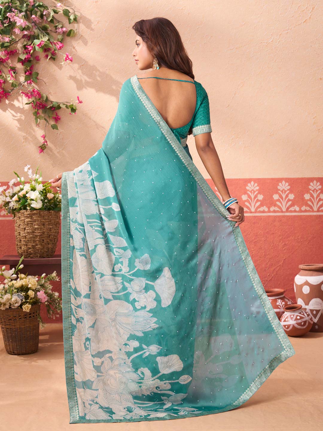Blue floral printed silk blend saree party wear