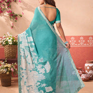 Blue floral printed silk blend saree party wear