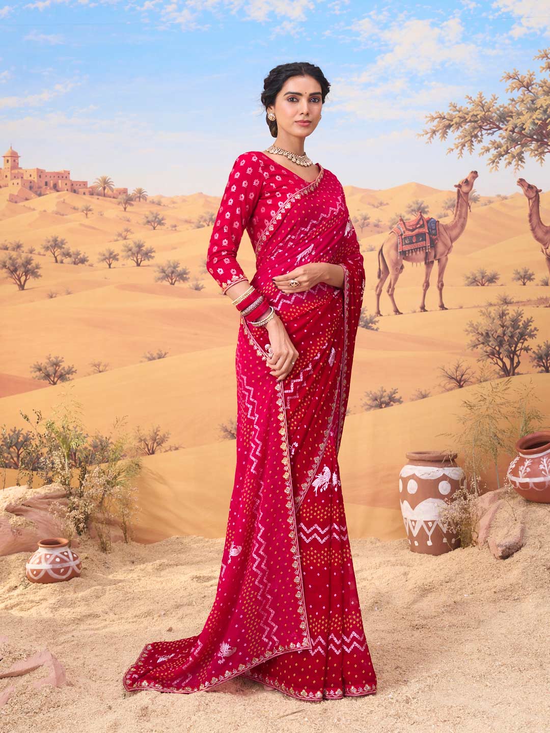 Pink bandhani printed georgette saree casual wear