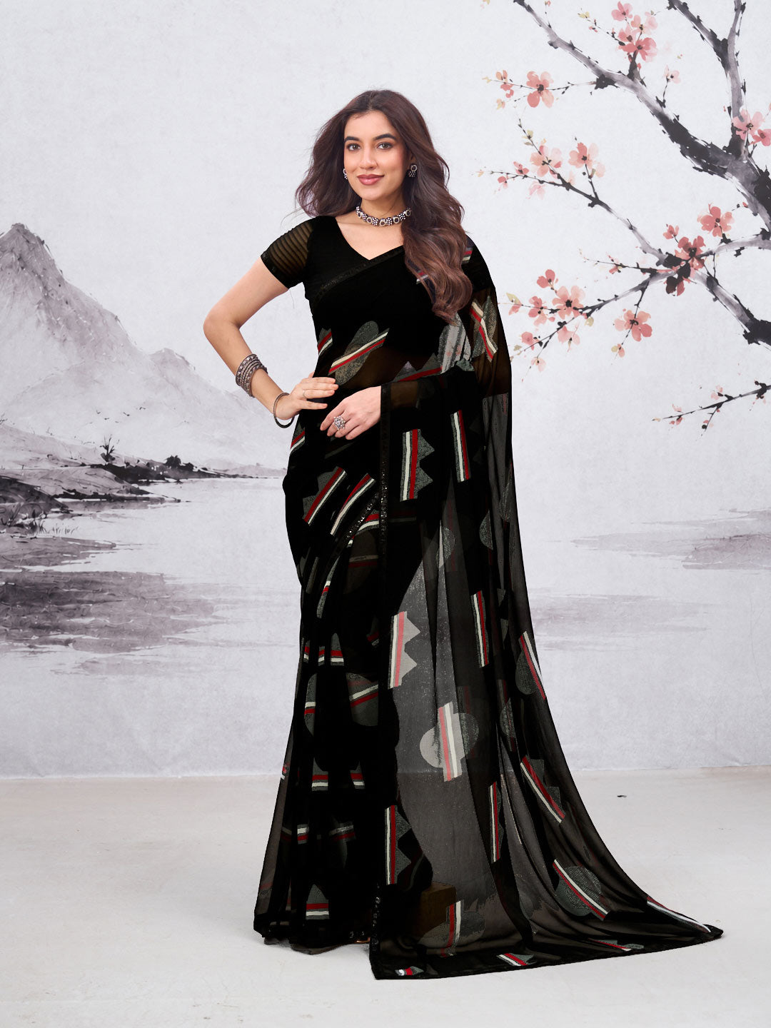 Black geometric printed georgette saree party wear