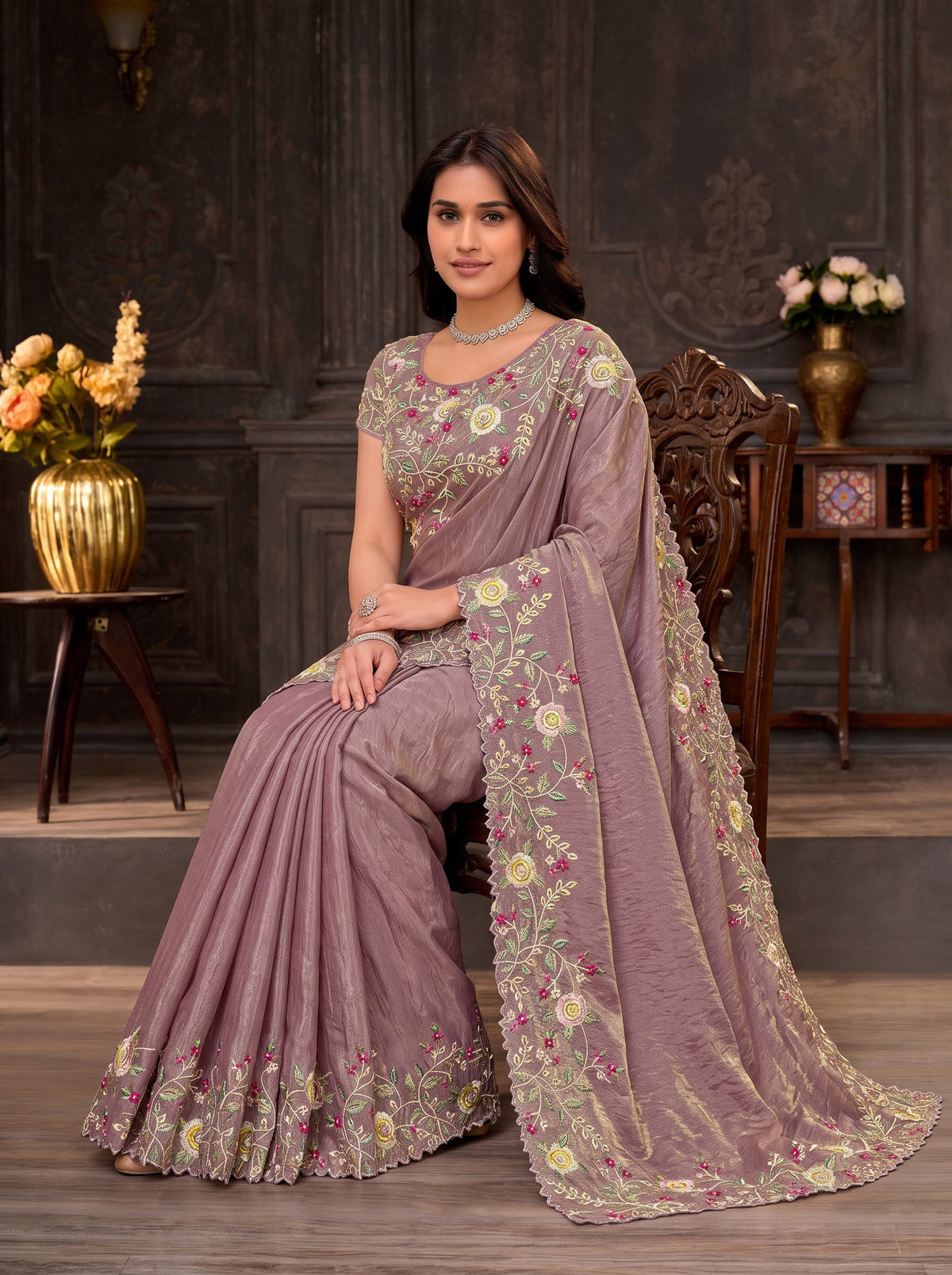 Purple embroidered silk blend saree daily wear