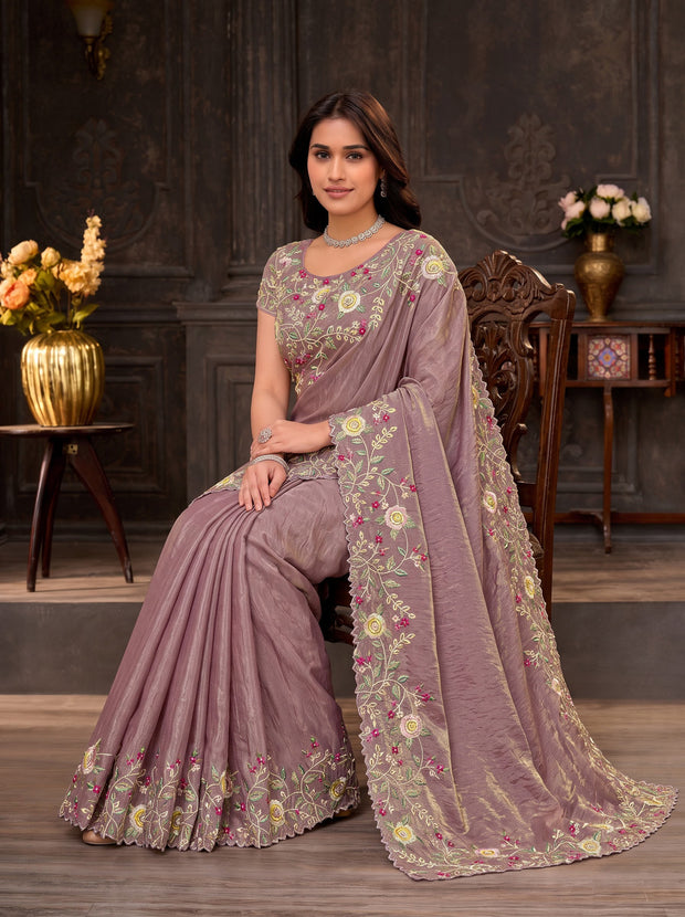 Purple embroidered silk blend saree daily wear