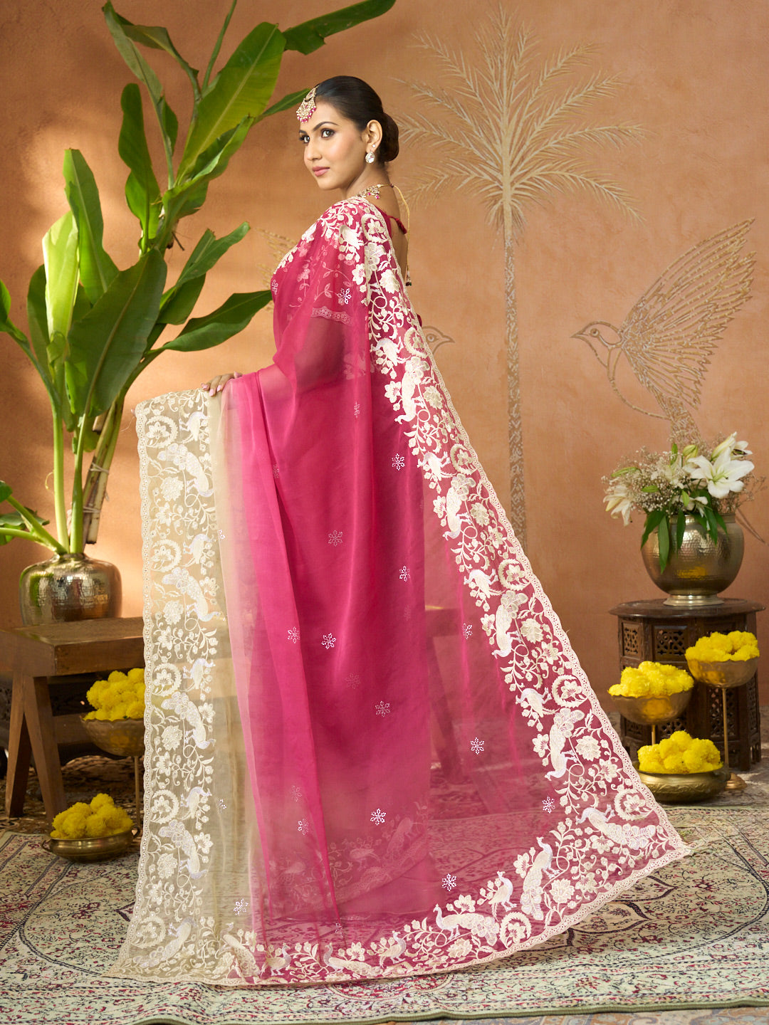 purple embroidered tissue organza saree wedding wear