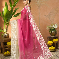 purple embroidered tissue organza saree wedding wear