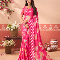 Pink floral printed chiffon saree festive wear