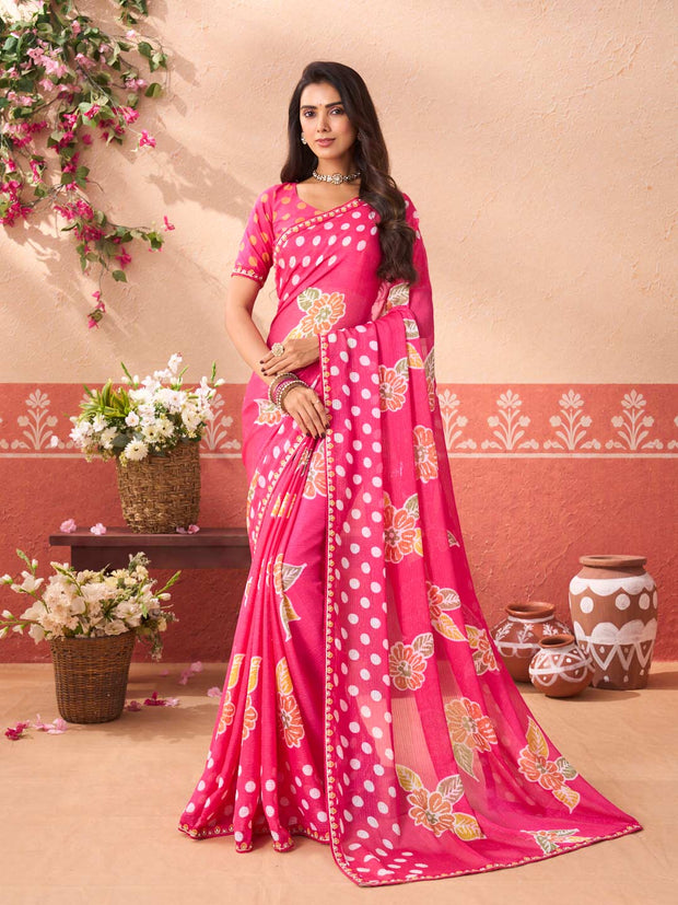 Pink floral printed chiffon saree festive wear