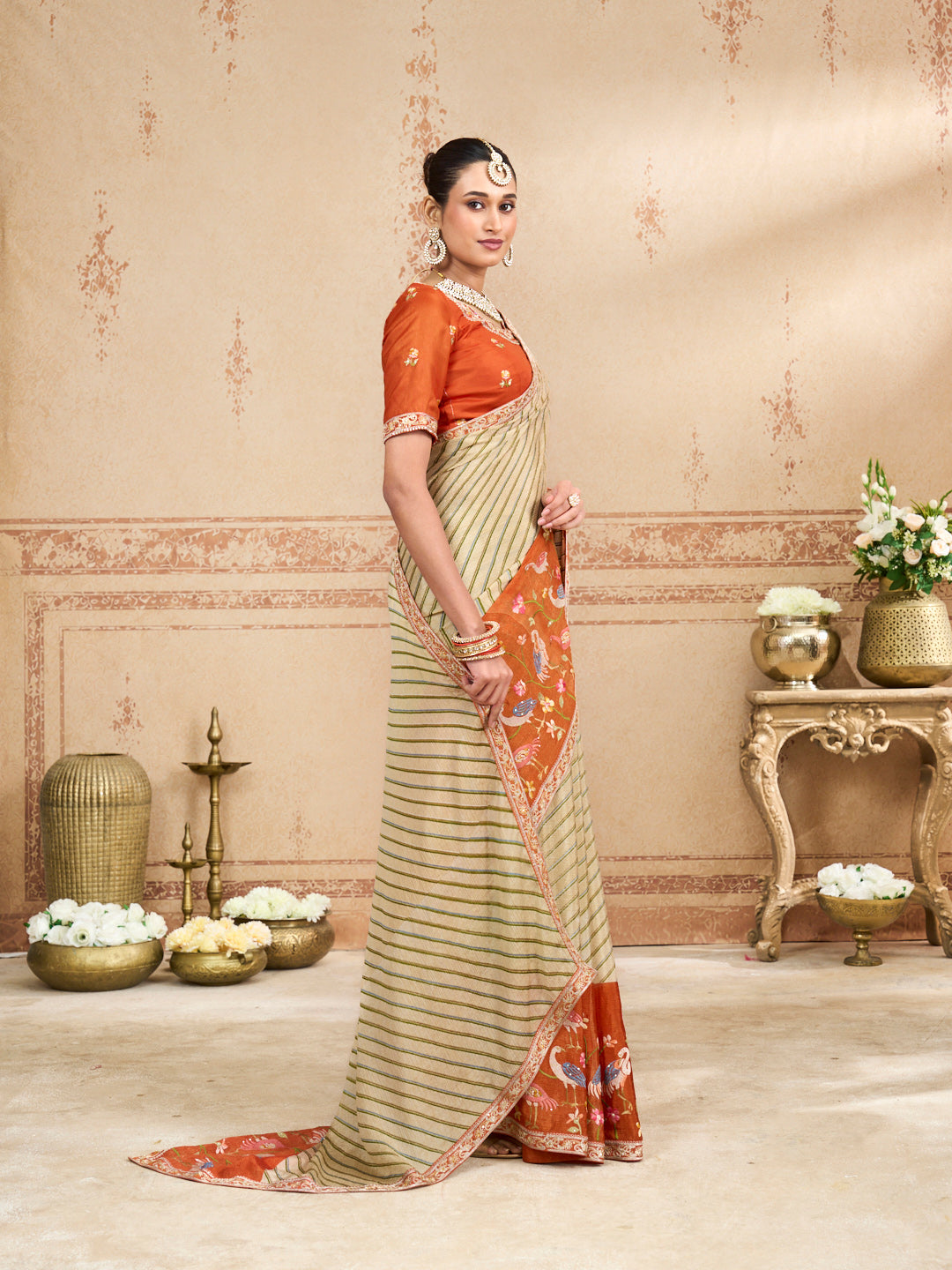 Yellow embroidered silk blend saree wedding wear