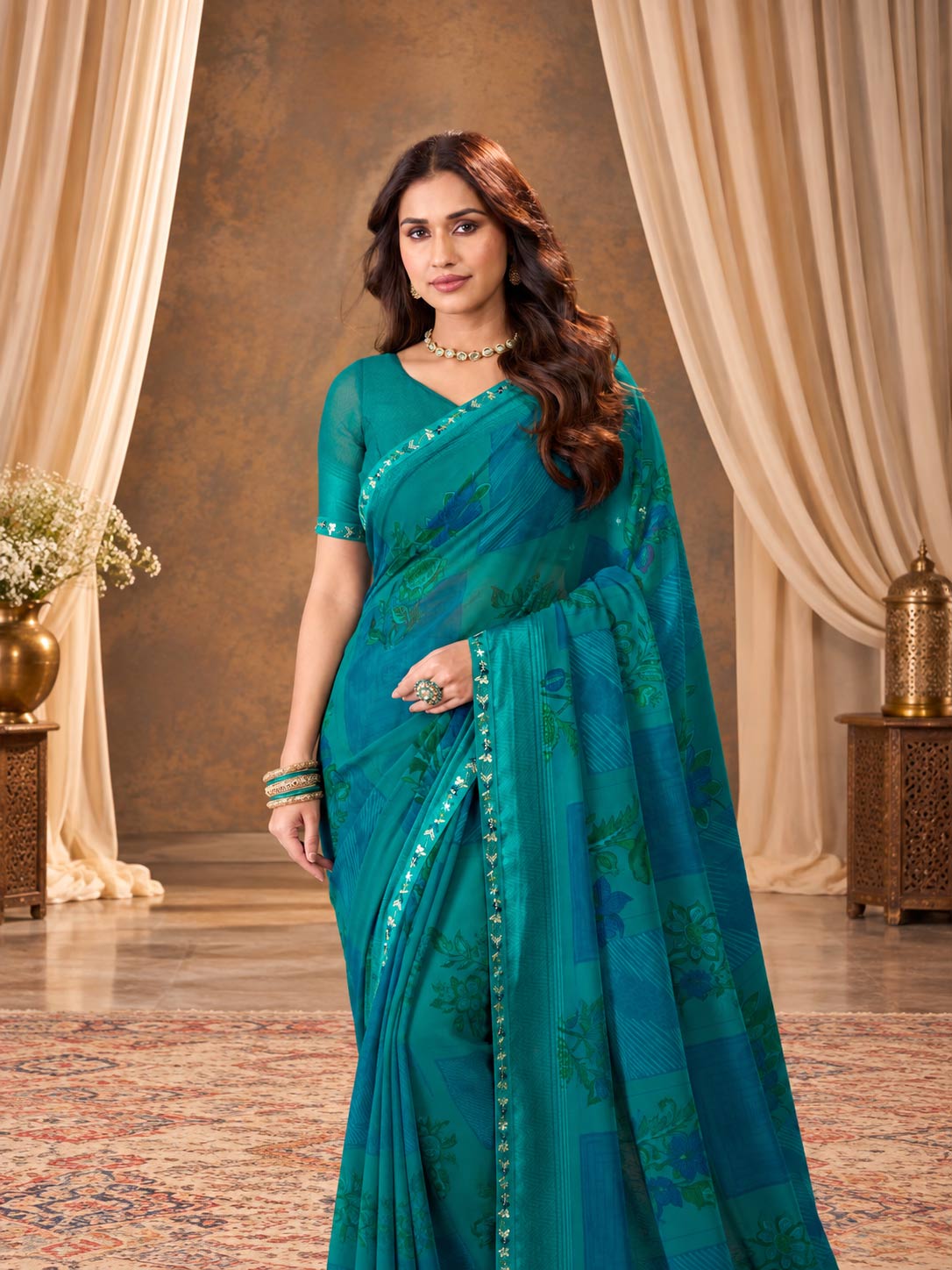 Blue printed georgette saree casual wear