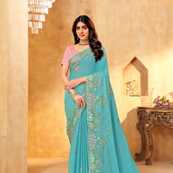 Blue embroidered chiffon saree festive wear