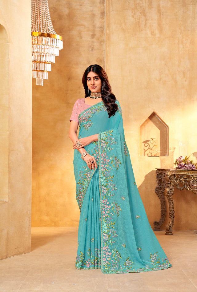Blue embroidered chiffon saree festive wear