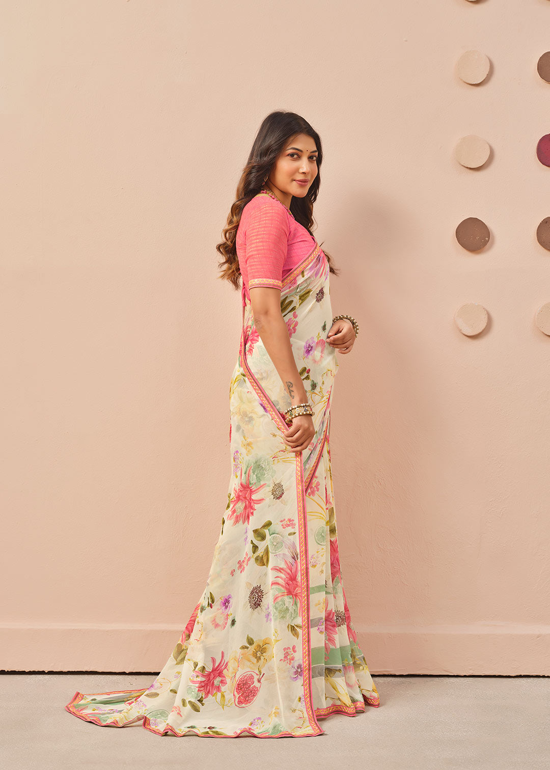 Cream printed georgette saree festive wear