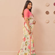 Cream printed georgette saree festive wear