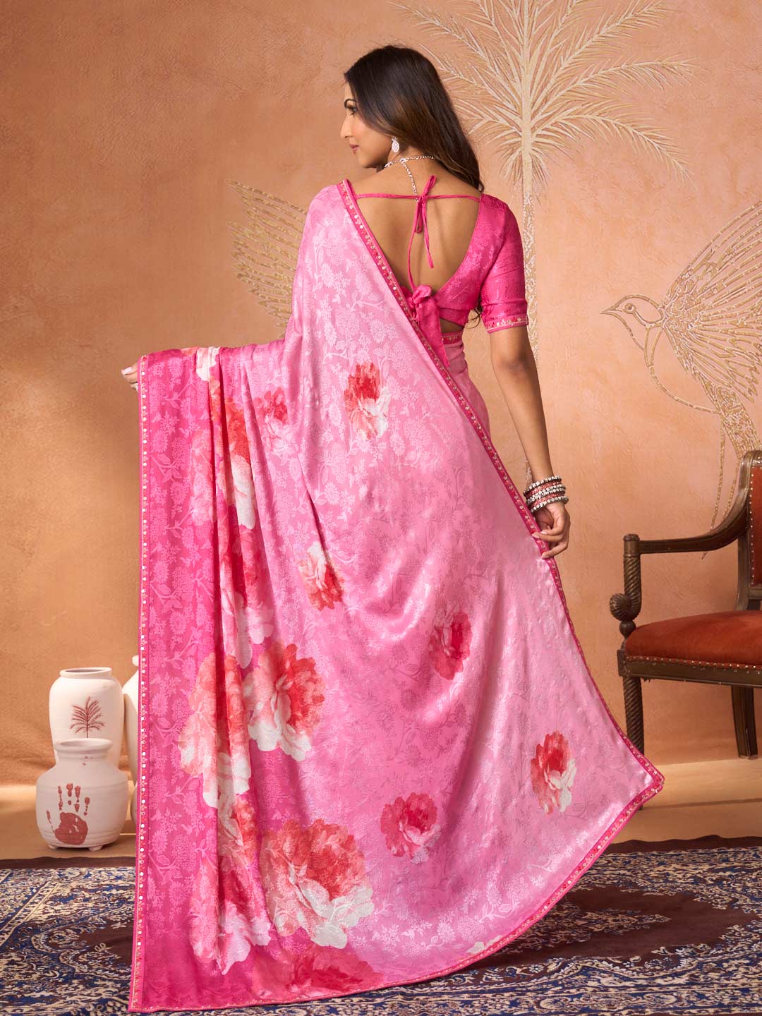 Pink embroidered silk blend saree festive wear