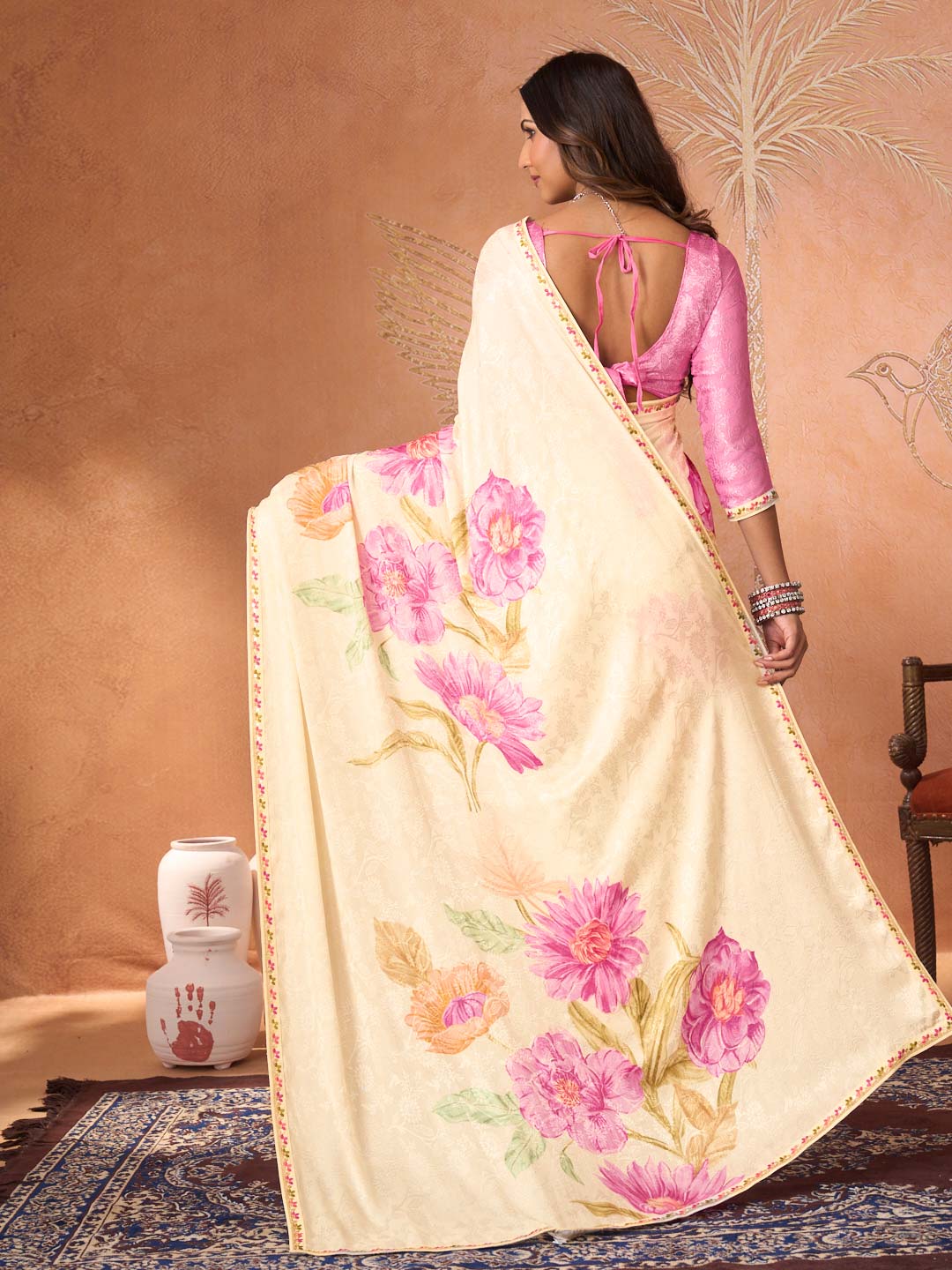Cream embroidered silk blend saree party wear