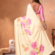 Cream embroidered silk blend saree party wear