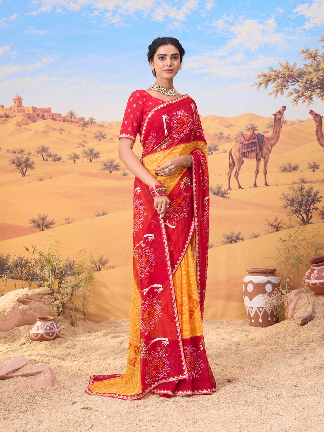 Orange bandhani printed georgette saree daily wear