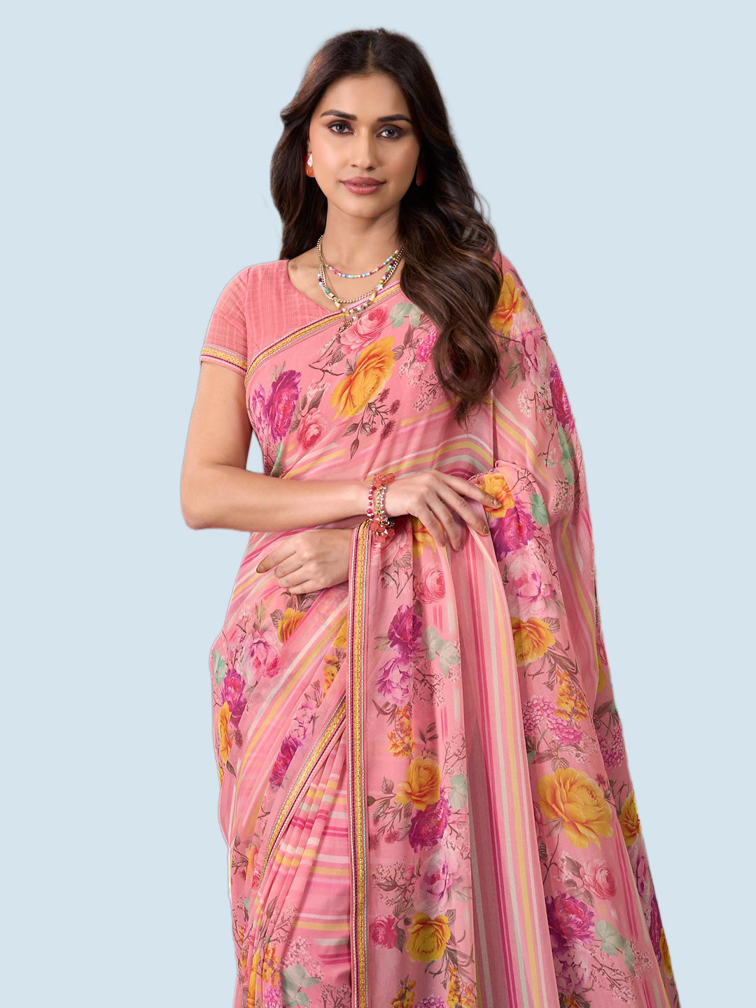 Laxmipati Rudramala Pink Georgette Floral Printed Saree