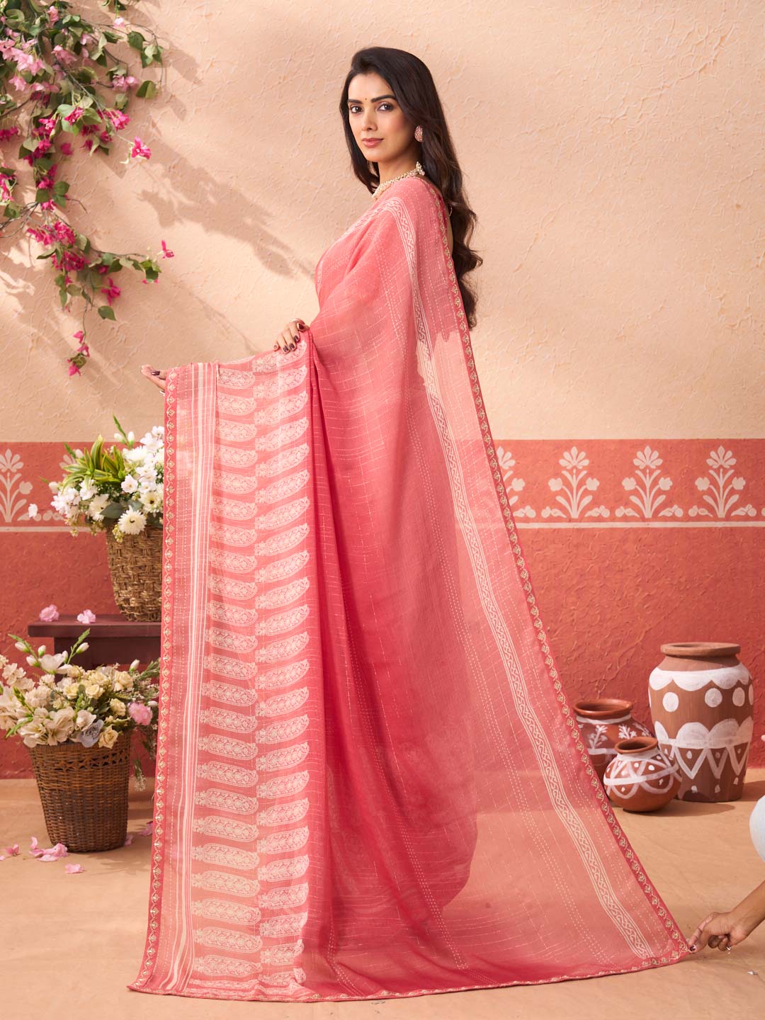 Orange floral printed chiffon saree daily wear