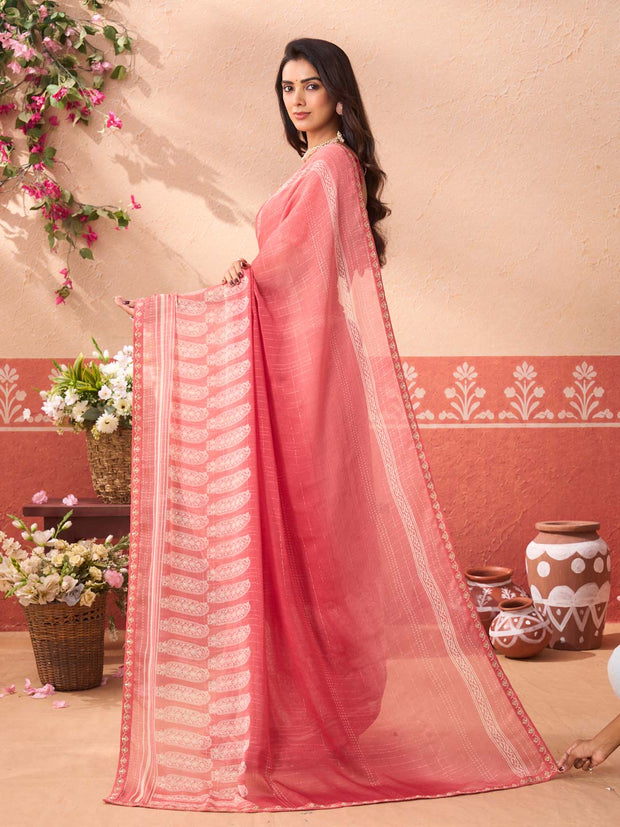 Orange floral printed chiffon saree daily wear