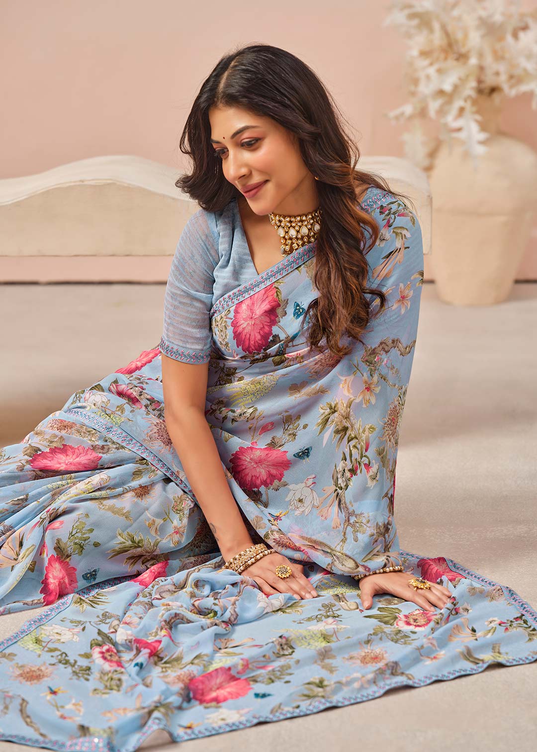 Blue floral printed georgette saree wedding wear