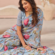 Blue floral printed georgette saree wedding wear