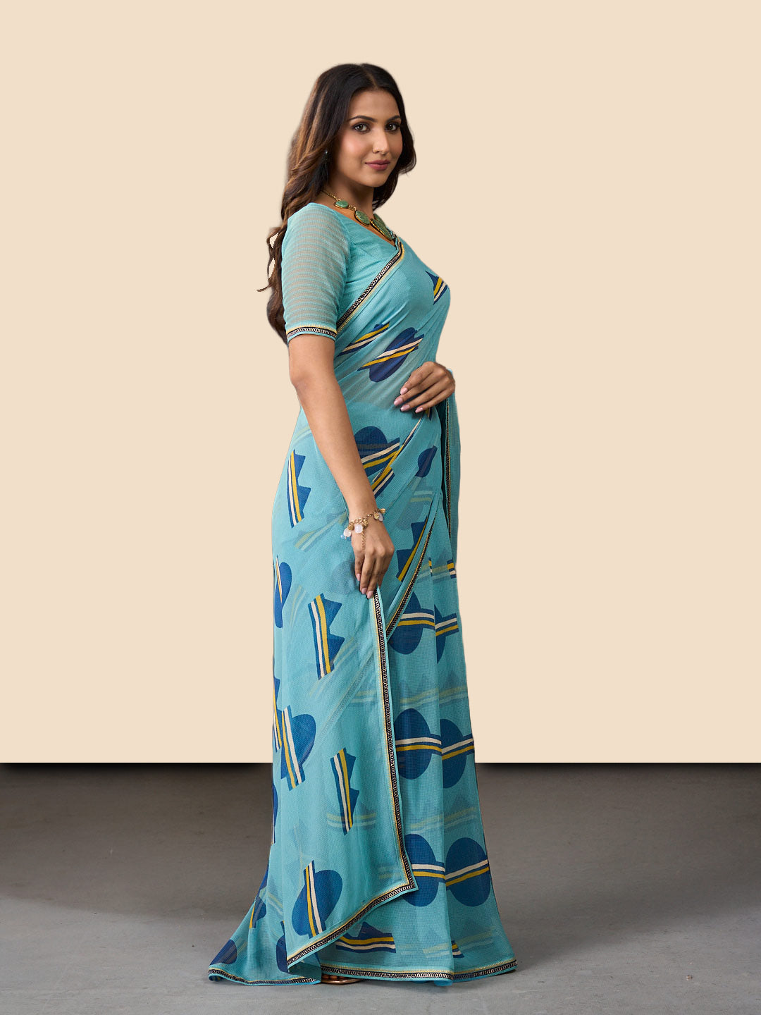 Laxmipati Rudramala Blue Georgette Geometric Printed Saree