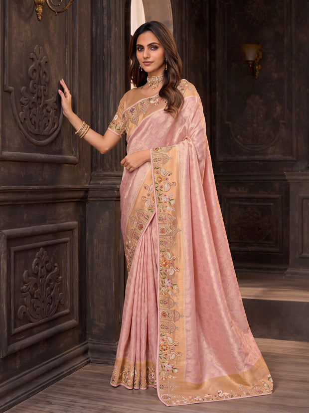 Pink embroidered silk blend saree wedding wear