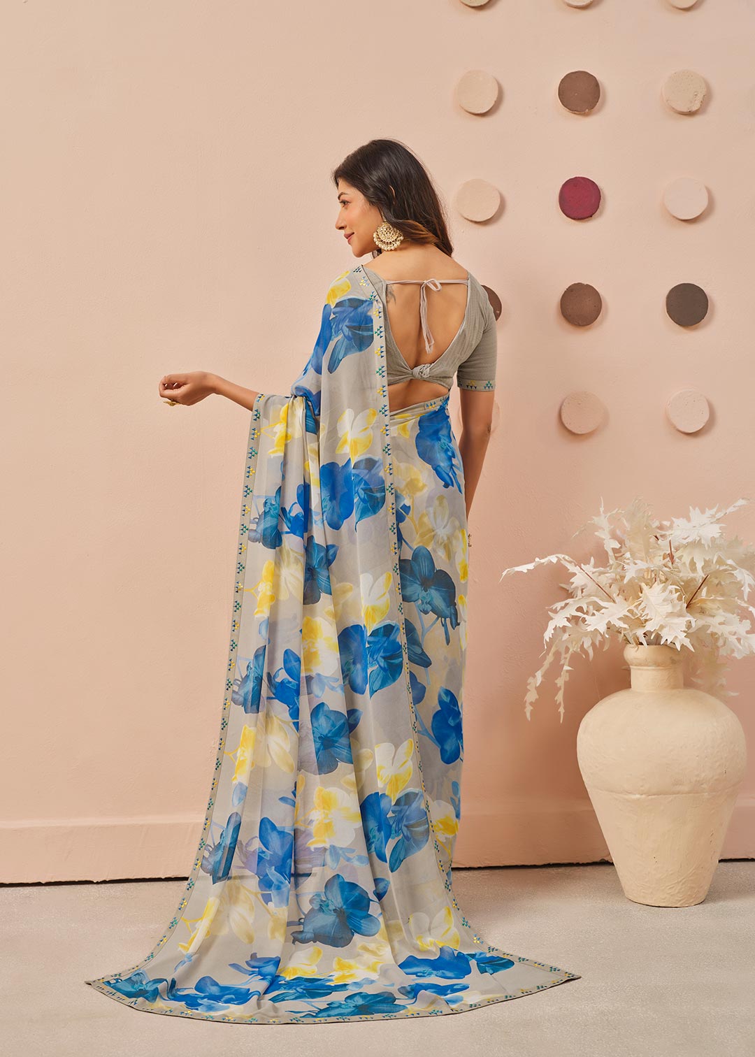 Grey floral printed georgette saree casual wear