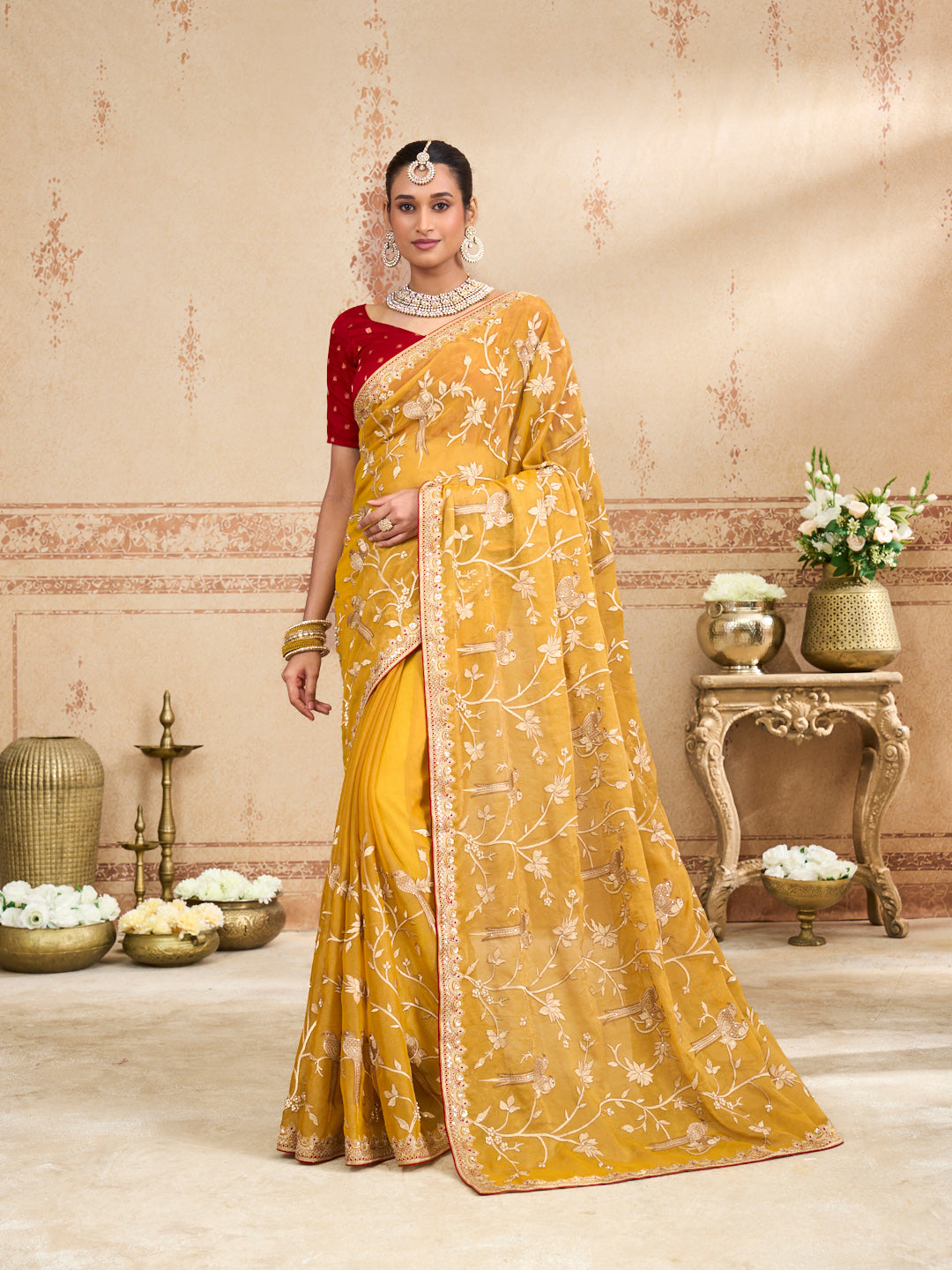Mustard embroidered tissue organza saree festive wear